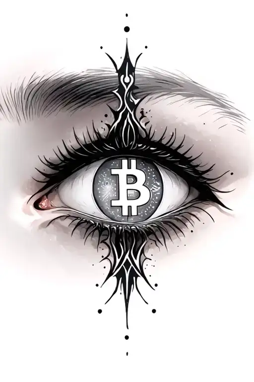 No brow, Feminine Eye, black & grey with light grey & white highlights in the iris. Dark outline, bitcoin logo in iris. tattoo design idea