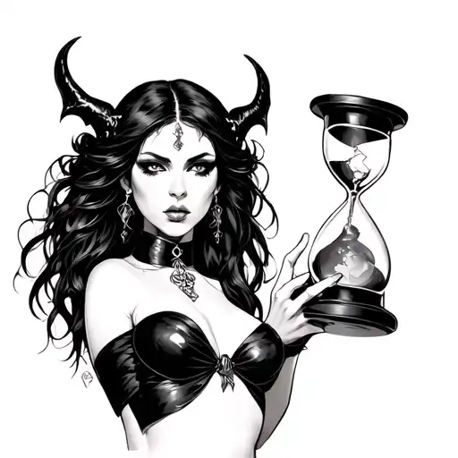 Sexy succubus girl with slave collar, holding a broken hourglass tattoo design idea