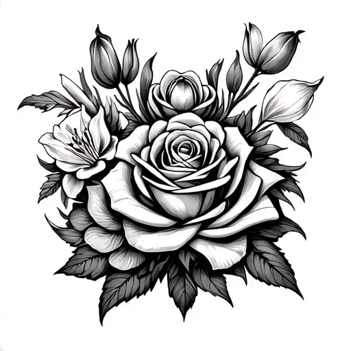 Celtic knot of Dara finesse of the lines, in a floral composition of rose, lilies and tulip genus a horn of abundance. tattoo design idea