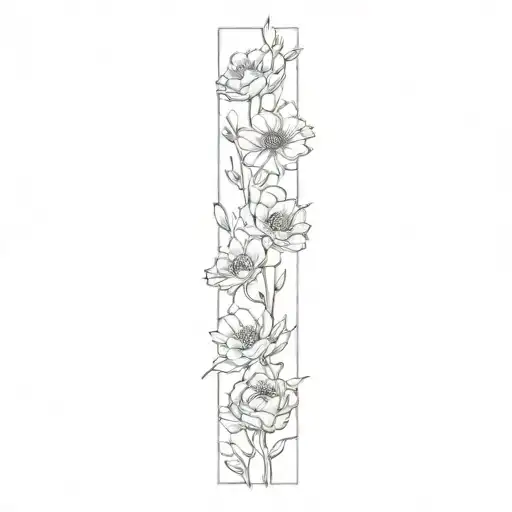 draw a straight spine tattoo that is the flowers Asters, marigolds, holly,  poppies, Peonies, roses , and irises tattoo design idea