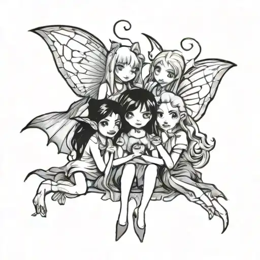 small drawing of a fairy and a witch and a vampire being friends  tattoo design idea