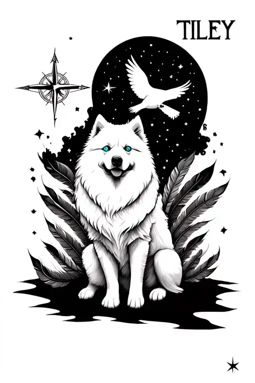 "TILLEY" white samoyed blue eyed dog sitting infront of moon, , Feathers turning into Birds and a compass  tattoo design idea