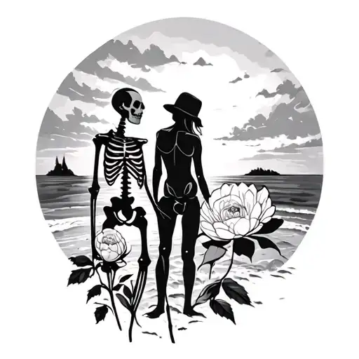 2 people on beach landscape one is a skeleton the other is a peony flower  tattoo design idea