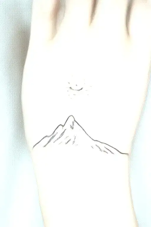 Mountain with a sun, but the sun is a smiley face tattoo design idea
