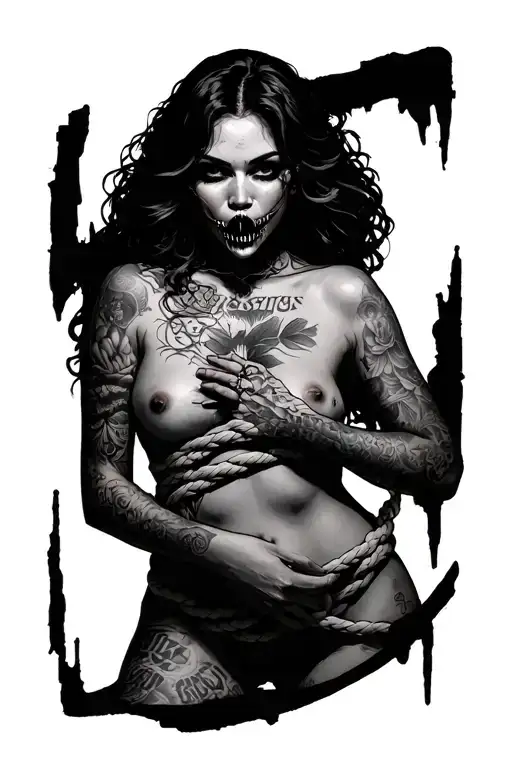 BDSM, a naked tattoved woman who is tied up and has a gag in his mouth tattoo design idea