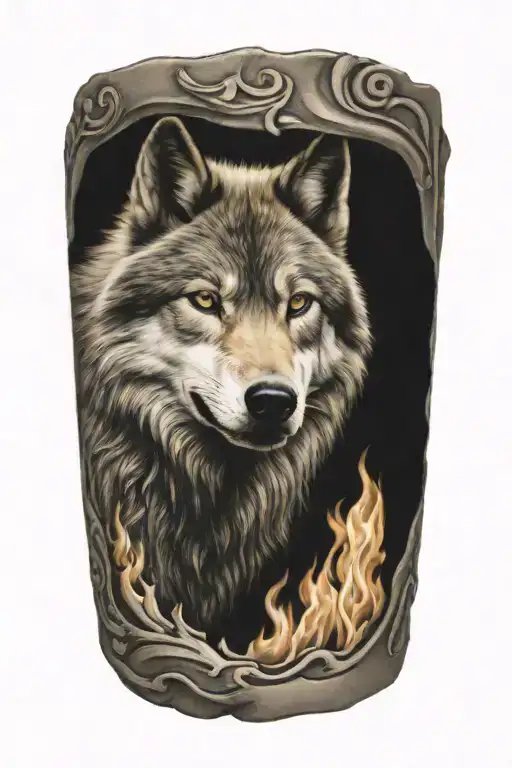 wolf fire flames left arm tattoo design idea