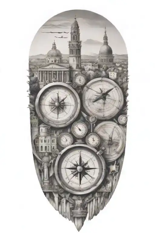 edges that fade softly, featuring italian and greek inspired buildings and landscape, airplane, one compass  tattoo design idea