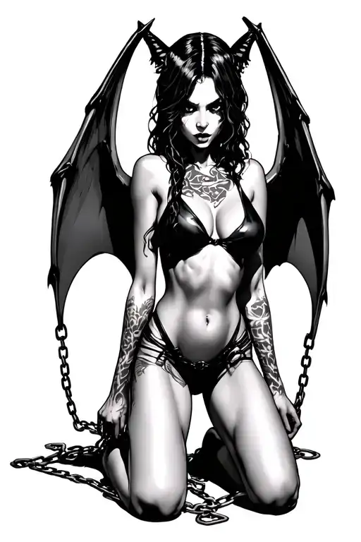 sexy Succubus On her knees chained down Hands behind your back wearing little clothing  full body With  bat wings  tattoo design idea
