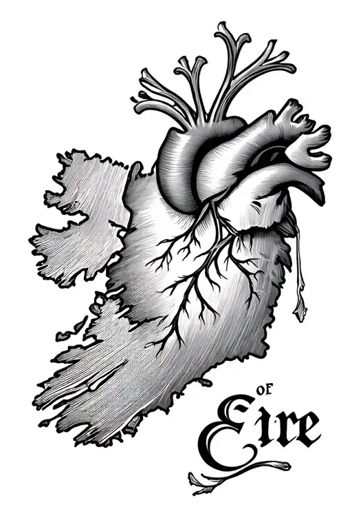 “Heart of Éire,”geographical outline of Ireland, forming the frame of the design with fine line. fill with Irish culture tattoo design idea