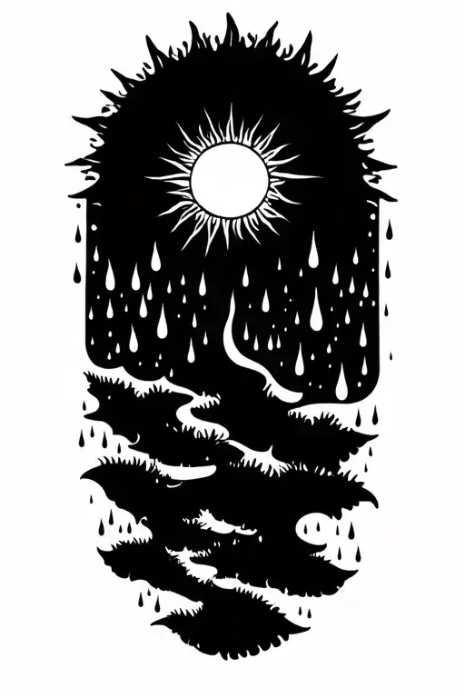 a sun melting into rain drops. tattoo design idea