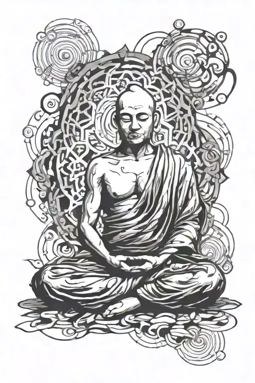 Buddhist monk meditating figure surrounded tattoo design idea