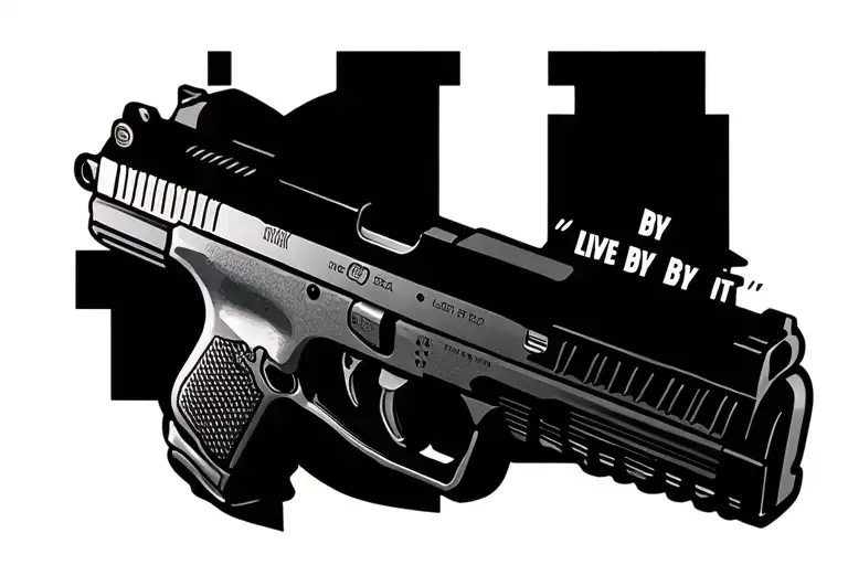 simple Glock 19 facing the right with  "live by it" "die by it" tattoo design idea