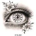 Tattoo on the occasion of the birth of a daughter with her eye, clock and date of birth 07/18/2022 to use for her dad tattoo design idea