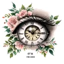 Tattoo on the occasion of the birth of a daughter with her eye, clock and date of birth 07/18/2022 to use for her dad tattoo design idea