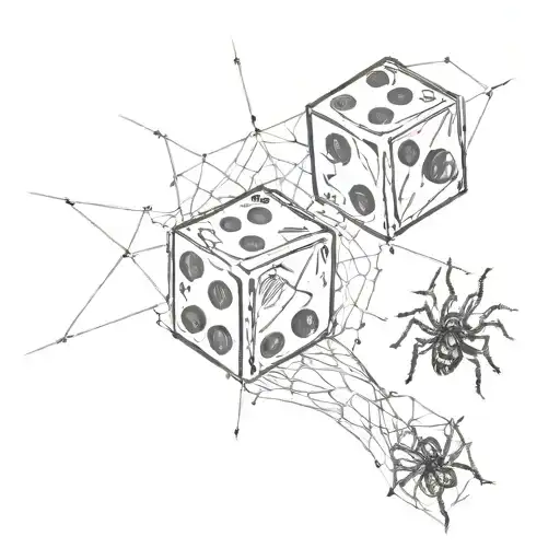 Two dice, one of which is used to launch a spider along a small web tattoo design idea