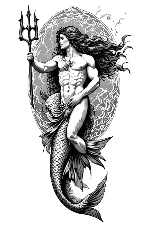 A merman (male mermaid) with a detailed fish tail•  He is lifting her into the air•  Holding a trident / spear-for tattoo design idea
