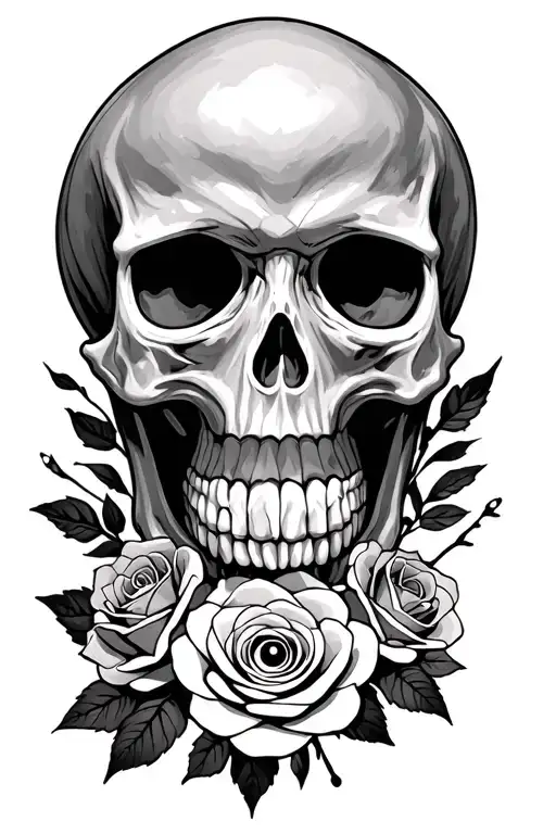 skull sideways with sharingan and rinnegan and roses under the skull tattoo design idea