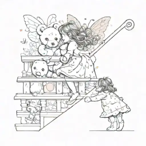 a little girl leaving a Teddy bear behind in a world full of colorful butterfly to wall in her stairs to become an adult tattoo design idea