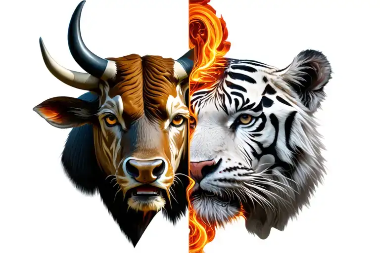 On one side half a head of a bull and the other half of a white tiger head tattoo design idea