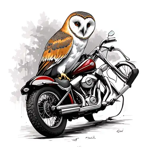 barn owl perched and harley 2024 heritage classic motorcycle and books tattoo design idea