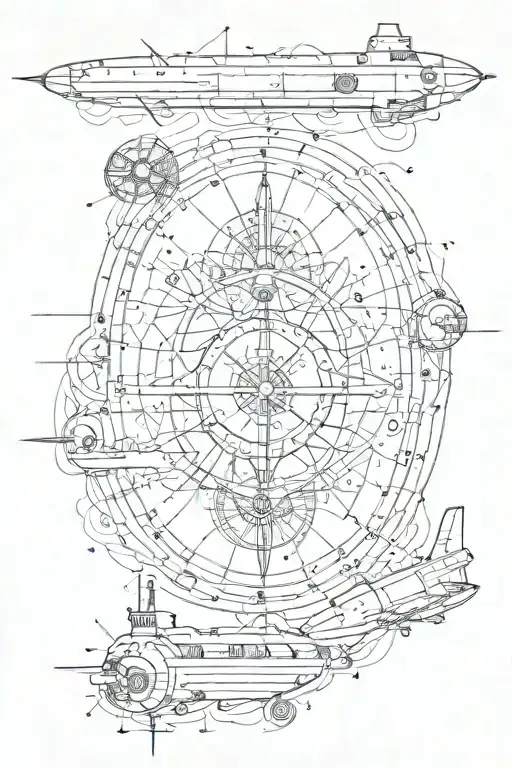 submarine, trident, compass, coordinates, planisphere tattoo design idea