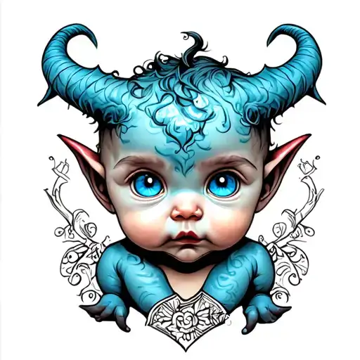 baby devil with blue eyes tattoo design idea