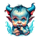 baby devil with blue eyes tattoo design idea