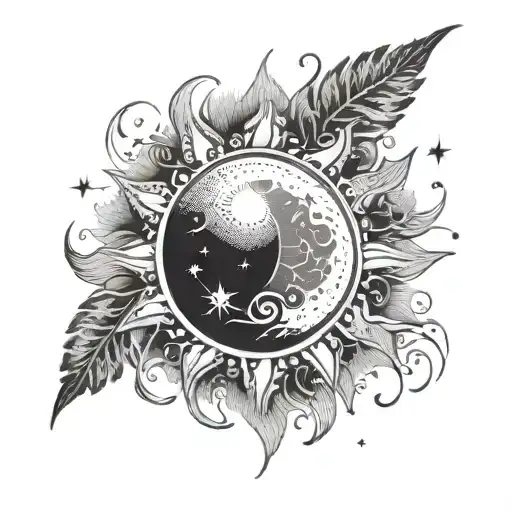 An bohemian black-grey tattoo of the sun merging with the moon tattoo design idea