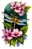 Create a  tattoo with a dragonfly, cherry blossom, honeysuckle and larkspur tattoo design idea