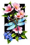 Create a  tattoo with a dragonfly, cherry blossom, honeysuckle and larkspur tattoo design idea