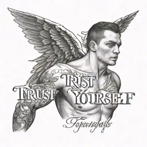 topless male with wings looking down. slogan 'trust yourself' tattoo design idea