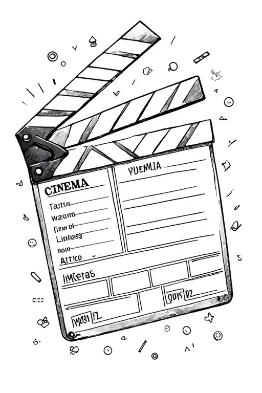 A  clapperboard in sketch stylie surrounded by  cinema icons  and a watercolor background tattoo design idea