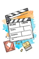A  clapperboard in sketch stylie surrounded by  cinema icons  and a watercolor background tattoo design idea