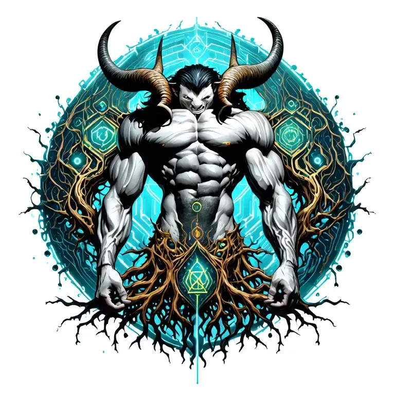 Gay male horned satyr with massive bodybuilder muscles flex. cyber tree roots, vines and patterns tattoo design idea