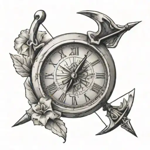 A bow with an arrow  pulled back with a time clock behind it tattoo design idea