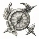 A bow with an arrow  pulled back with a time clock behind it tattoo design idea