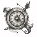 A bow with an arrow  pulled back with a time clock behind it tattoo design idea