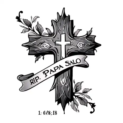 cross with words "RIP Papa Salo 1/8/18" tattoo design idea