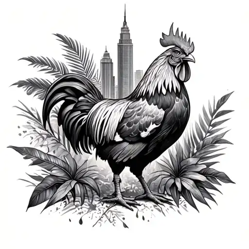 An intricate black-grey tattoo of a rooster with tropical foliage and Detroit landmarks incorporated into the design tattoo design idea