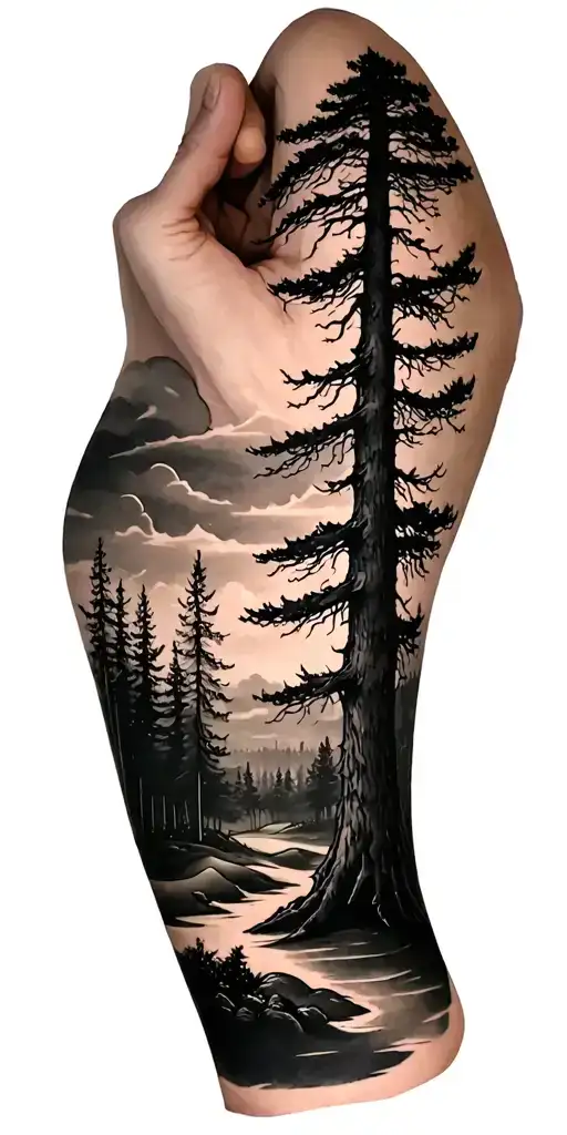 creepy forest scene with black sky golf course tattoo design idea
