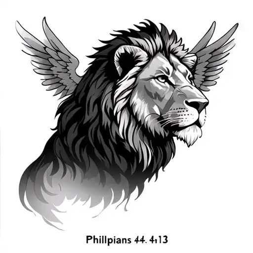 a lion , Philippians 4:13 incorporated with arc angels separated  tattoo design idea