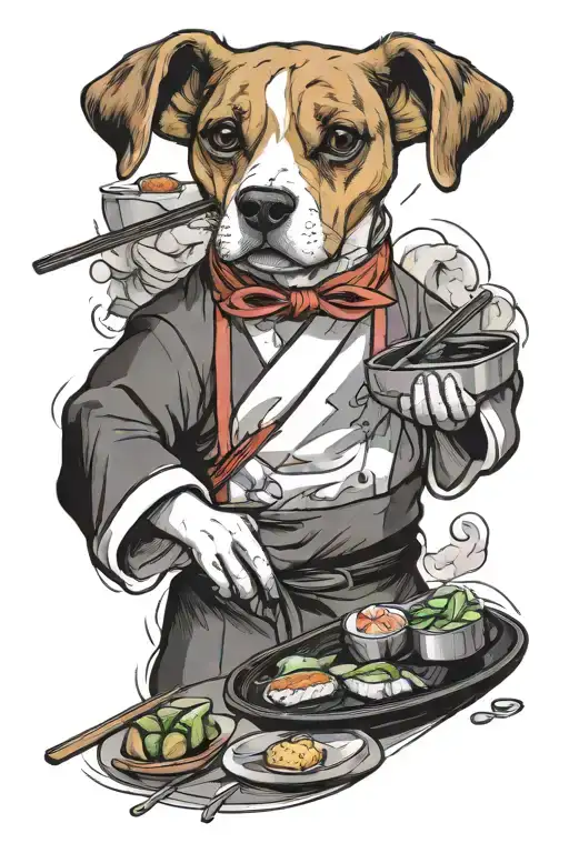 create a beagle in a sushi chef outfit. but humanlike posture tattoo design idea