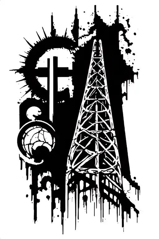 Vertical forearm tattoo: at the top, a cracked Orthodox halo and cross combined with an industrial radio-tower silhouett tattoo design idea