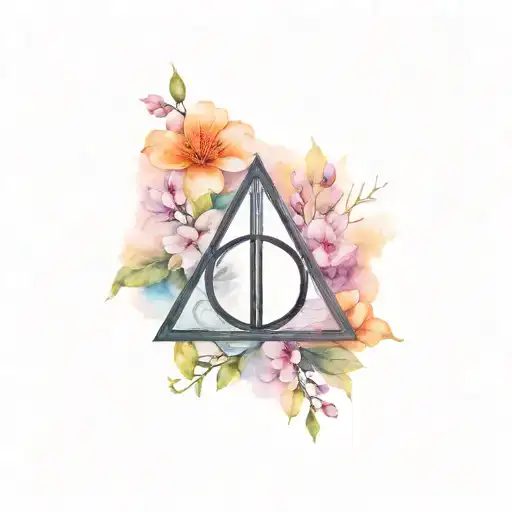 a deathly hallows symbol, with CLHH in typewriter font, Clementine blossoms, Loey, Hailey, Henry tattoo design idea