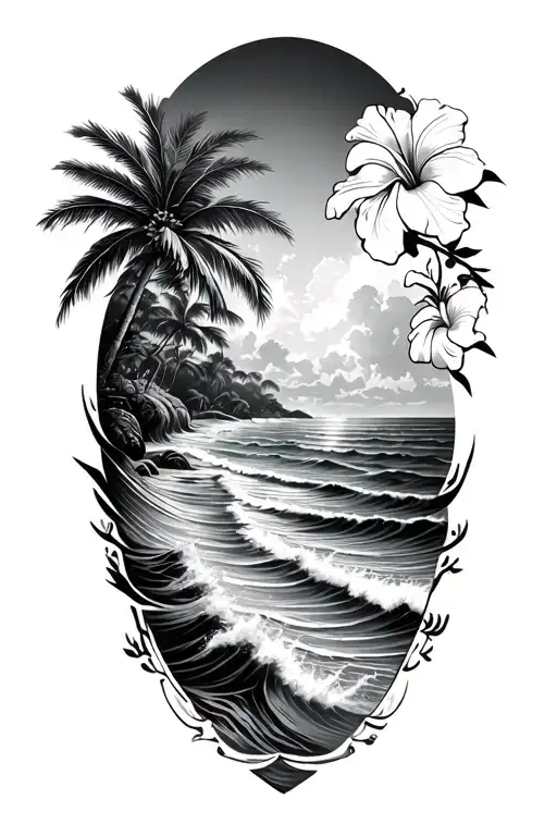 ocean waves crashing on island beach with palm and hibiscus vine on right tattoo design idea