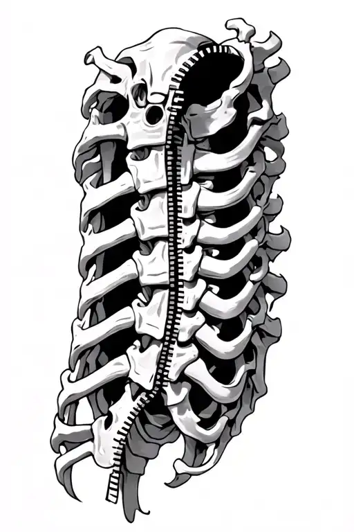 mechanical spine with a skin zipper partially open tattoo design idea