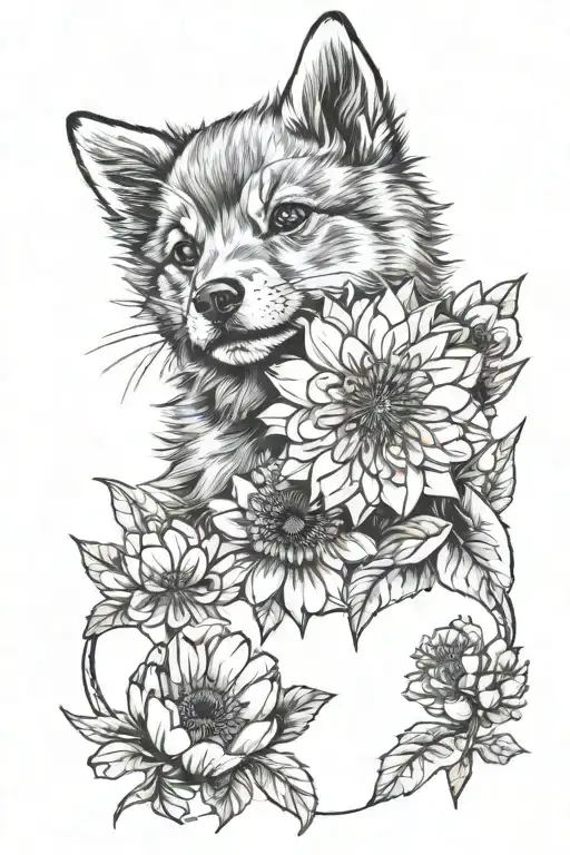 3 dandelions, cherry blossom and a puppy pawprint fine line work tattoo design idea