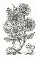 3 dandelions, cherry blossom and a puppy pawprint fine line work tattoo design idea