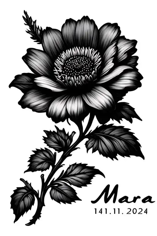 Flower with the name Mara and date 14.11.2024 in the Steel tattoo design idea