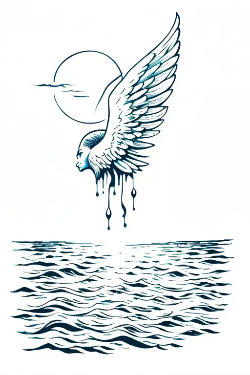 an icarus tattoo featuring one wing with the wax melting, the sun, and the ocean tattoo design idea